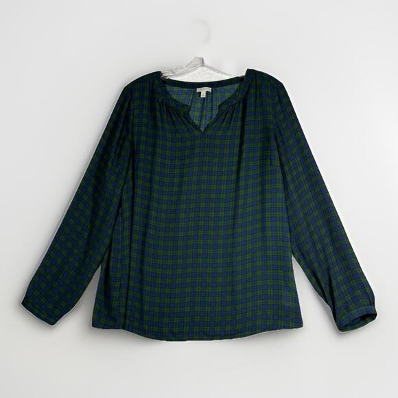 Talbots Plaid Blouse Womens Size Medium Green Blue Long Sleeve Holiday Fall - Picture 1 of 10